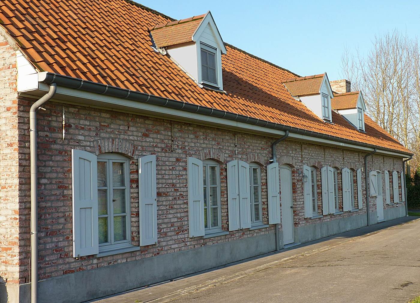 Gerenoveerde rij bakstenen arbeiderswoningen met lichtblauwe luiken en dakkapellen in een rood pannendak